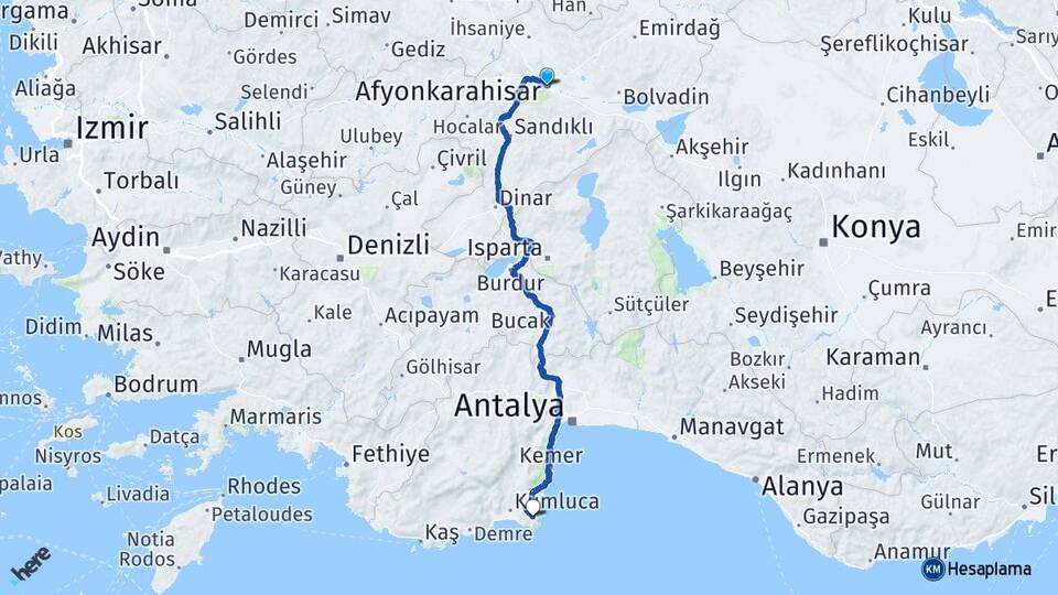 Afyonkarahisar Adrasan Kumluca Antalya Arası Kaç Km - Yol Haritası