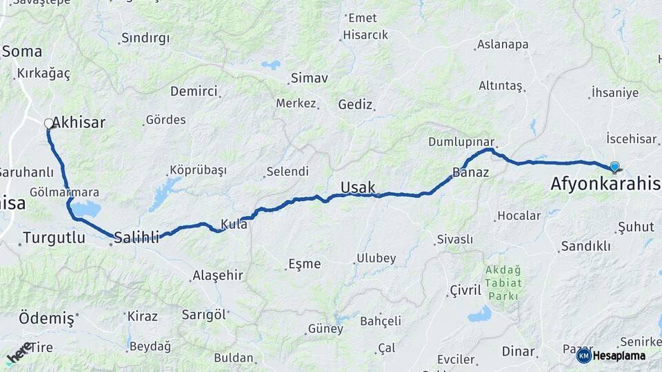 Afyonkarahisar Akhisar Manisa Arası Kaç Km - Yol Haritası