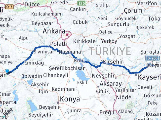 Afyonkarahisar Akkışla Kayseri Arası Kaç Km - Yol Haritası