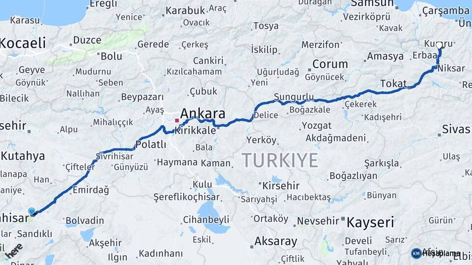 Afyonkarahisar Akkuş Ordu Arası Kaç Km - Yol Haritası