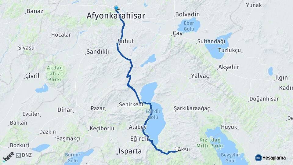 Afyonkarahisar Aksu Isparta Arası Kaç Km - Yol Haritası