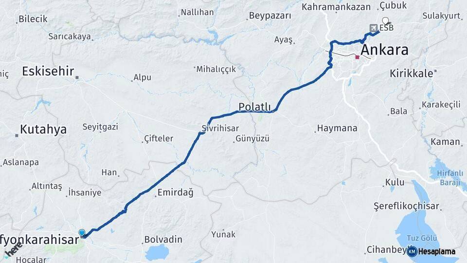 Afyonkarahisar Akyurt Ankara Arası Kaç Km - Yol Haritası