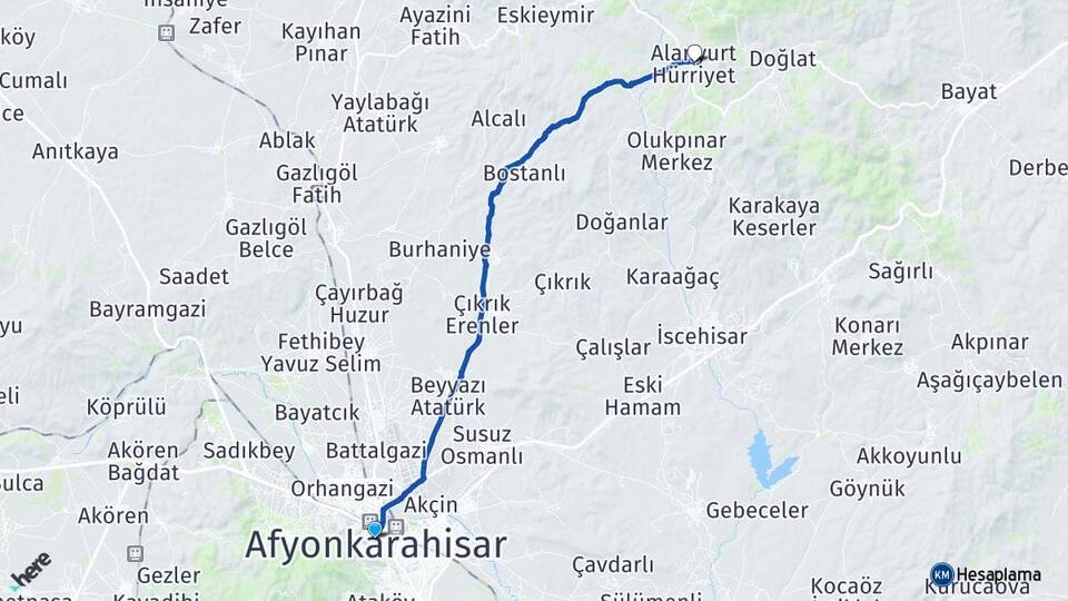 Afyonkarahisar Alanyurt İscehisar Arası Kaç Km - Yol Haritası