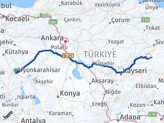 Afyonkarahisar Altınyayla Sivas Arası Kaç Km - Yol Haritası