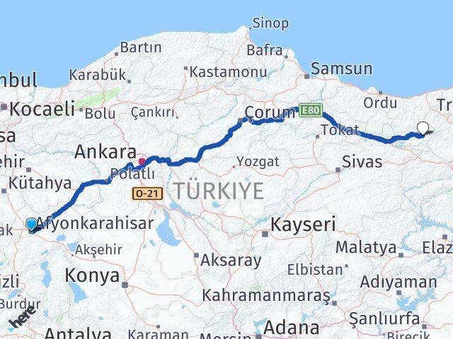 Afyonkarahisar Alucra Giresun Arası Kaç Km - Yol Haritası
