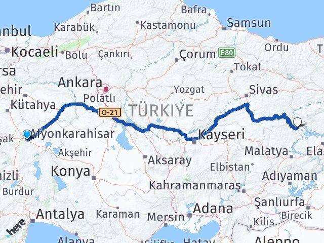 Afyonkarahisar Arapgir Malatya Arası Kaç Km - Yol Haritası