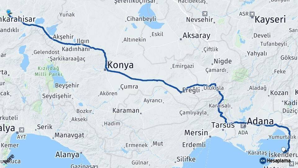 Afyonkarahisar Arsuz Hatay Arası Kaç Km - Yol Haritası