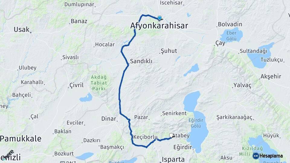 Afyonkarahisar Atabey Isparta Arası Kaç Km - Yol Haritası