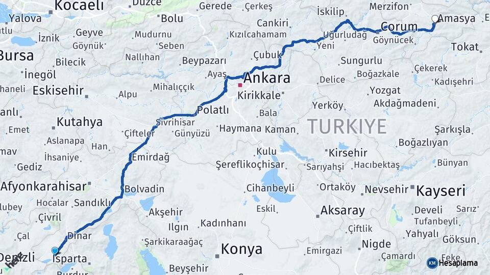 Afyonkarahisar Başmakçı Amasya Arası Kaç Km - Yol Haritası