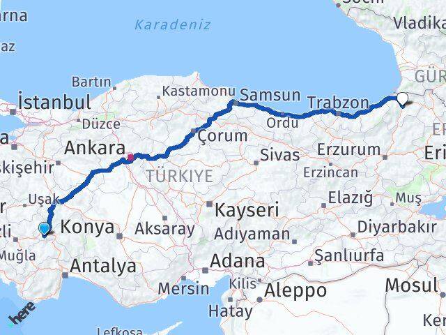 Afyonkarahisar Başmakçı Artvin Arası Kaç Km - Yol Haritası