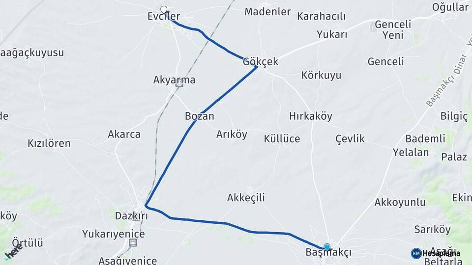 Afyonkarahisar Başmakçı Evciler Arası Kaç Km - Yol Haritası