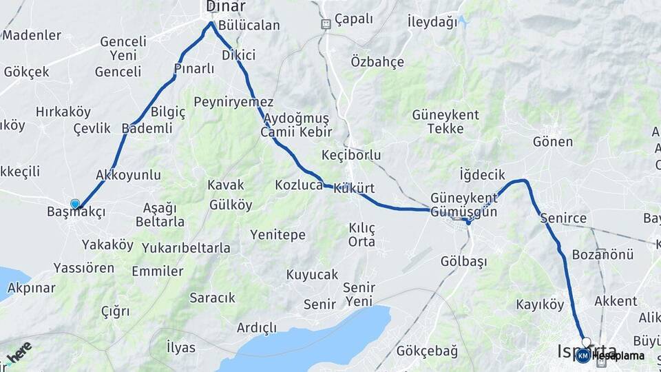 Afyonkarahisar Başmakçı Isparta Arası Kaç Km - Yol Haritası