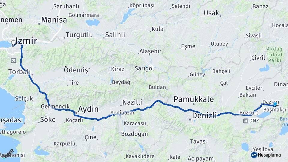 Afyonkarahisar Başmakçı İzmir Arası Kaç Km - Yol Haritası