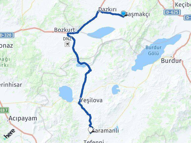 Afyonkarahisar Başmakçı Karamanlı Burdur Arası Kaç Km - Yol Haritası