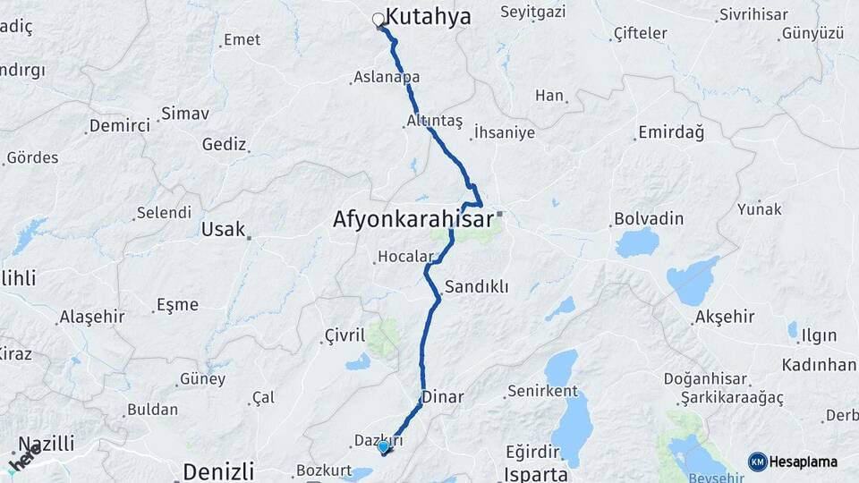Afyonkarahisar Başmakçı Kütahya Arası Kaç Km - Yol Haritası