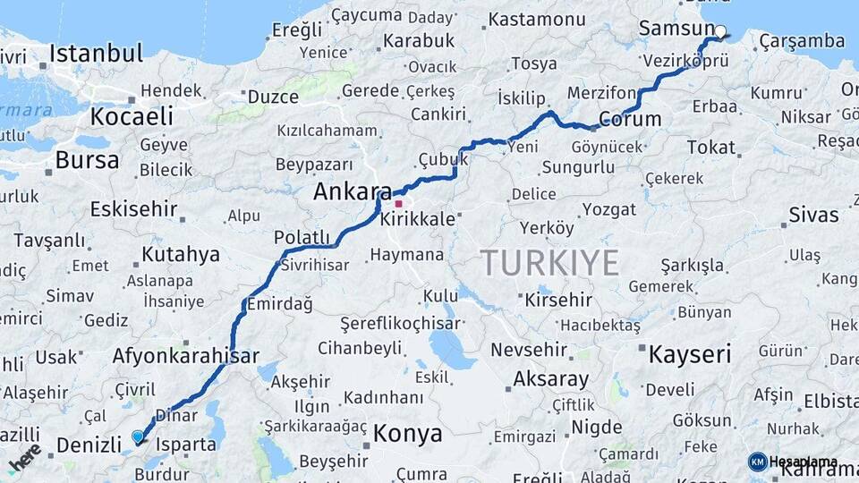 Afyonkarahisar Başmakçı Samsun Arası Kaç Km - Yol Haritası