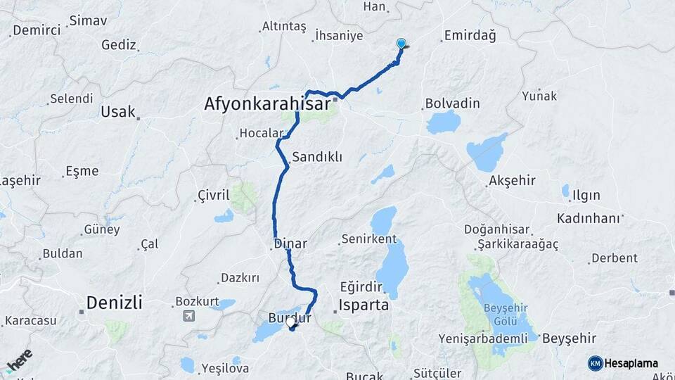Afyonkarahisar Bayat Burdur Arası Kaç Km - Yol Haritası