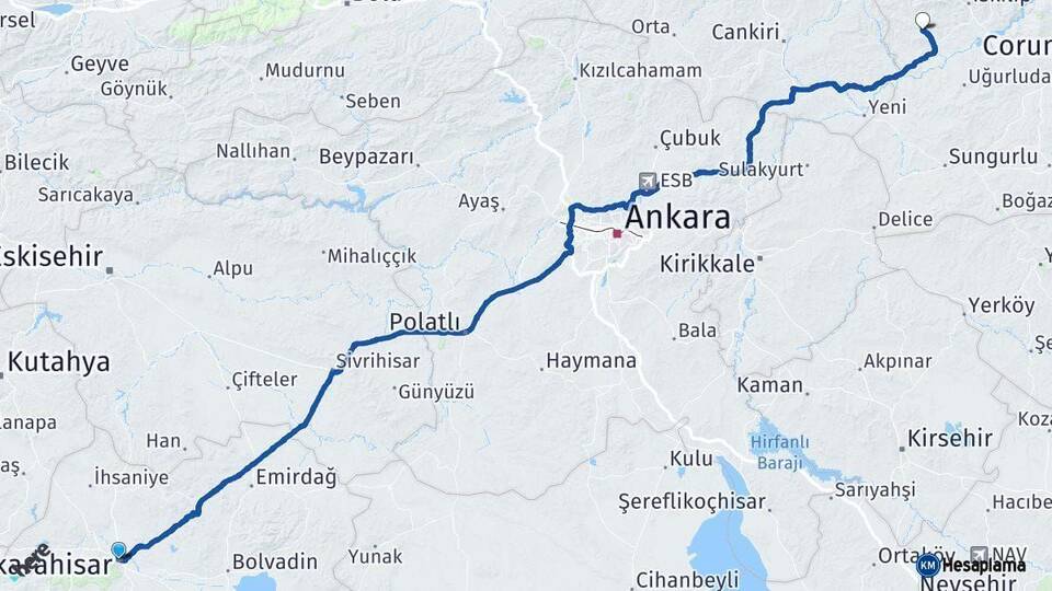 Afyonkarahisar Bayat Çorum Arası Kaç Km - Yol Haritası