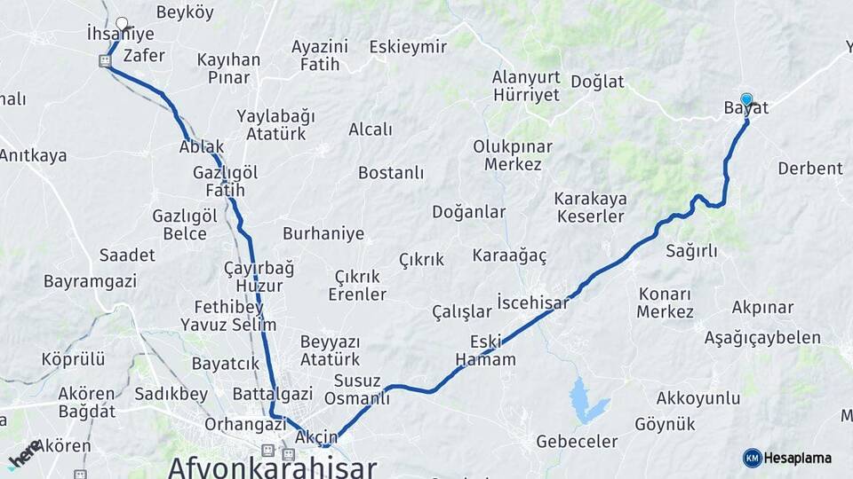 Afyonkarahisar Bayat İhsaniye Arası Kaç Km - Yol Haritası