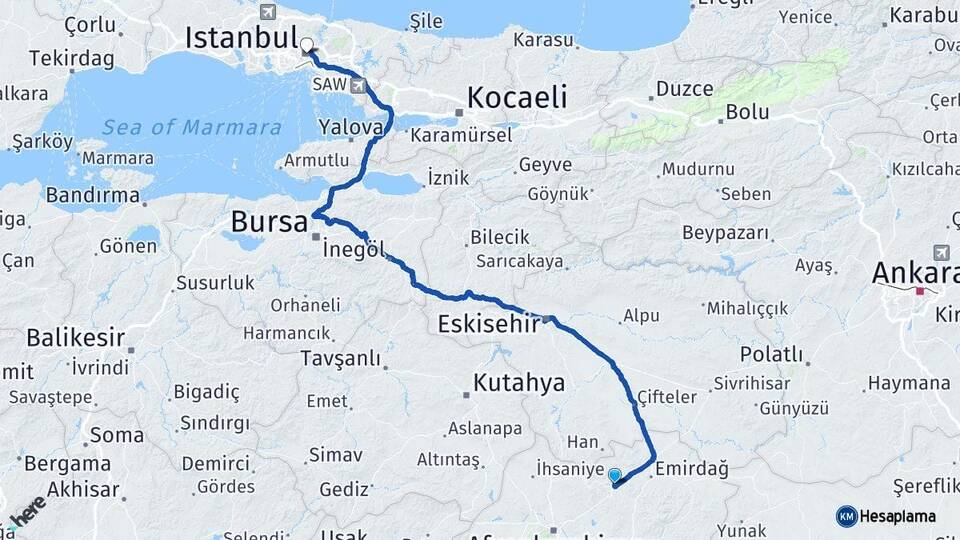 Afyonkarahisar Bayat İstanbul Arası Kaç Km - Yol Haritası