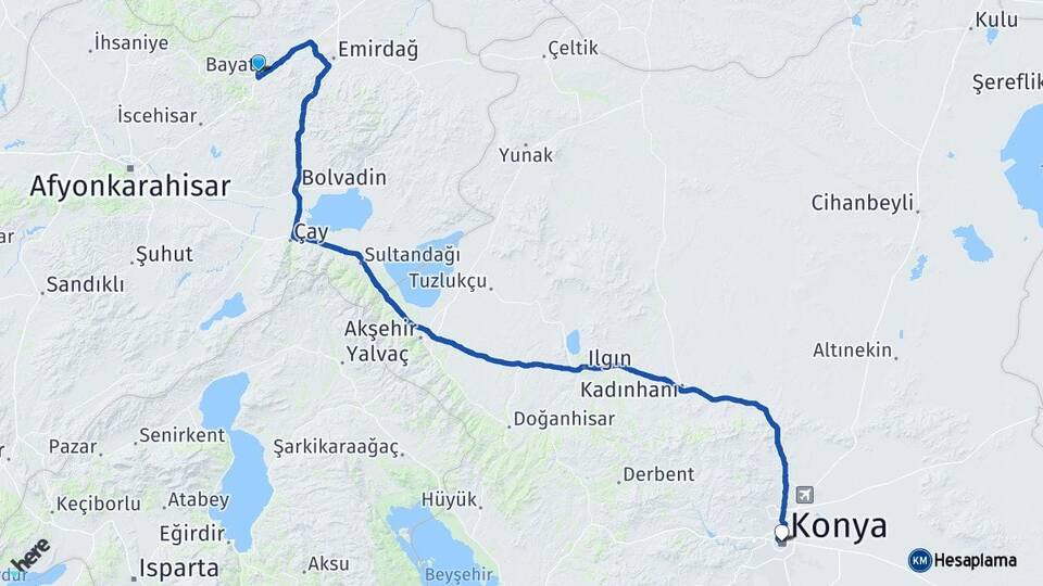 Afyonkarahisar Bayat Konya Arası Kaç Km - Yol Haritası