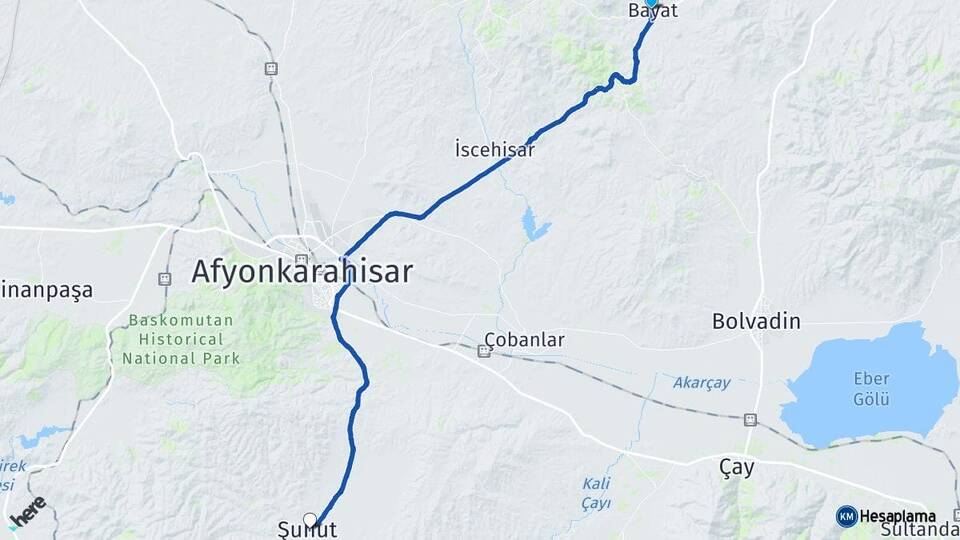 Afyonkarahisar Bayat Şuhut Arası Kaç Km - Yol Haritası