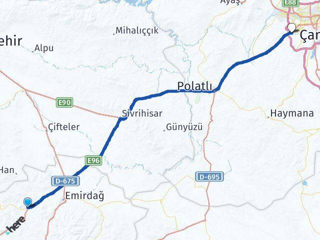 Afyonkarahisar Bayat Yaşamkent Çankaya Ankara Arası Kaç Km - Yol Haritası