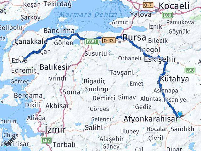 Afyonkarahisar Bayramiç Çanakkale Arası Kaç Km - Yol Haritası