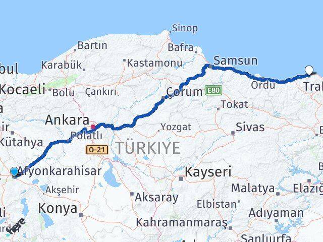 Afyonkarahisar Beşikdüzü Trabzon Arası Kaç Km - Yol Haritası