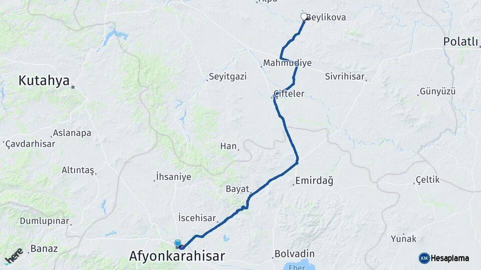 Afyonkarahisar Beylikova Eskişehir Arası Kaç Km - Yol Haritası