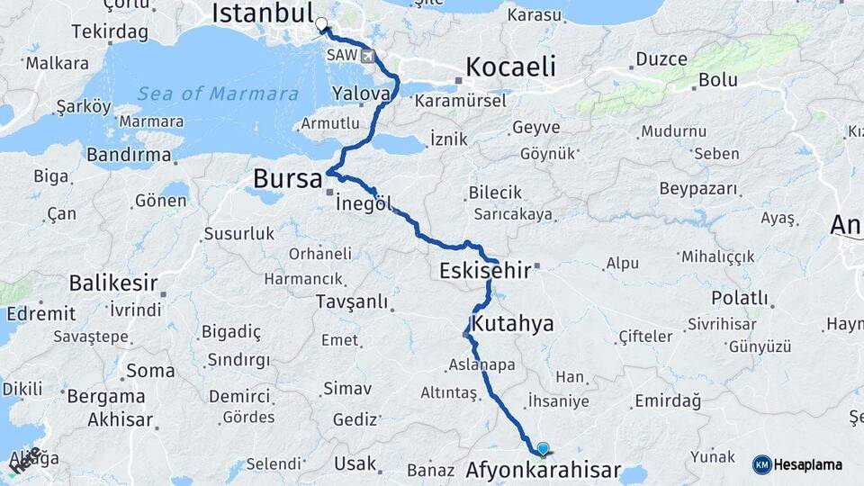 Afyonkarahisar Beyoğlu İstanbul Arası Kaç Km - Yol Haritası