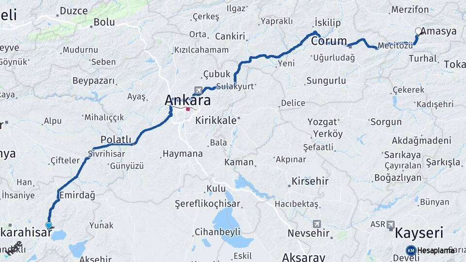 Afyonkarahisar Bolvadin Amasya Arası Kaç Km - Yol Haritası