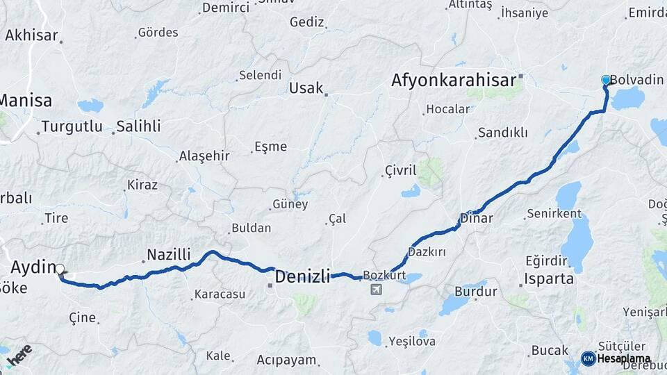 Afyonkarahisar Bolvadin Aydın Arası Kaç Km - Yol Haritası