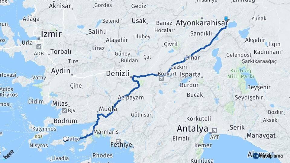 Afyonkarahisar Bolvadin Datça Muğla Arası Kaç Km - Yol Haritası