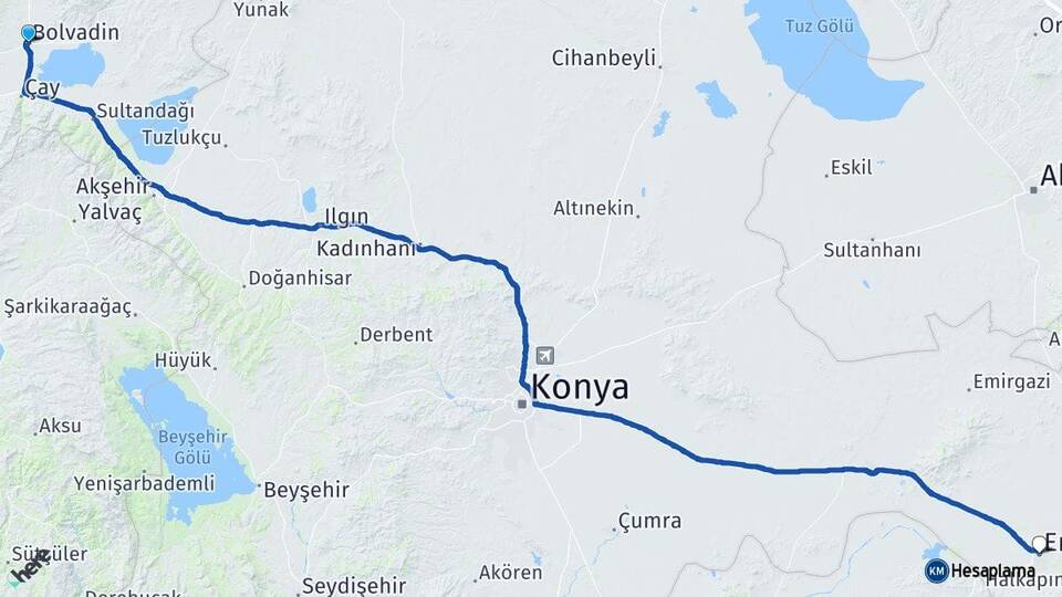 Afyonkarahisar Bolvadin Ereğli Konya Arası Kaç Km - Yol Haritası