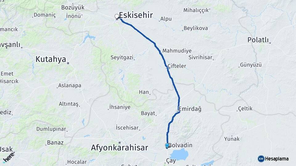 Afyonkarahisar Bolvadin Eskişehir Arası Kaç Km - Yol Haritası