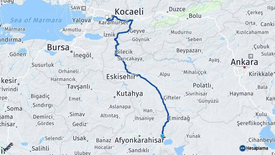 Afyonkarahisar Bolvadin Gölcük Kocaeli Arası Kaç Km - Yol Haritası