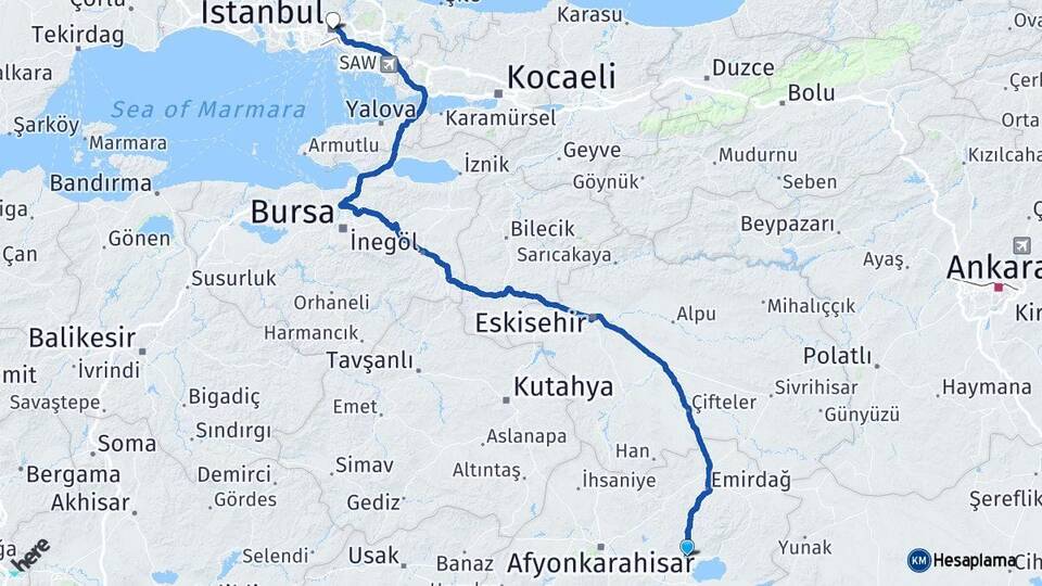 Afyonkarahisar Bolvadin İstanbul Arası Kaç Km - Yol Haritası