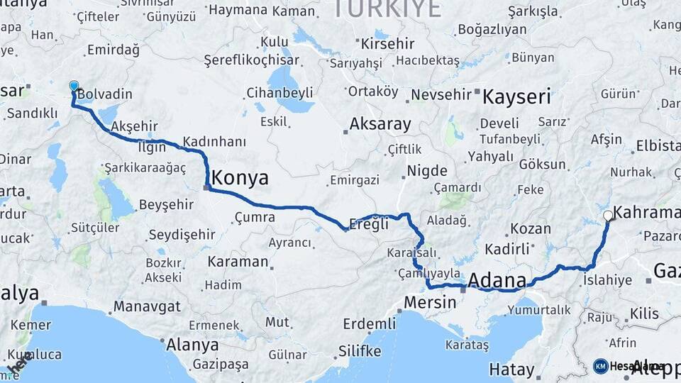 Afyonkarahisar Bolvadin Kahramanmaraş Arası Kaç Km - Yol Haritası