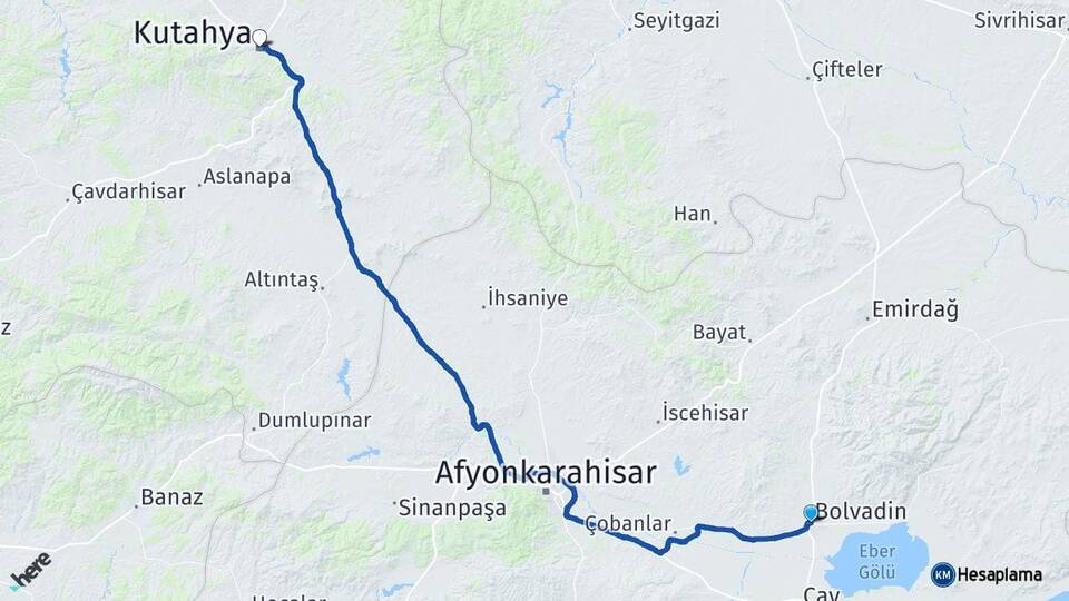 Afyonkarahisar Bolvadin Kütahya Arası Kaç Km - Yol Haritası