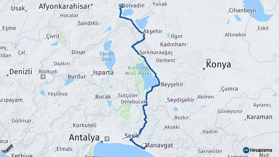 Afyonkarahisar Bolvadin Manavgat Antalya Arası Kaç Km - Yol Haritası