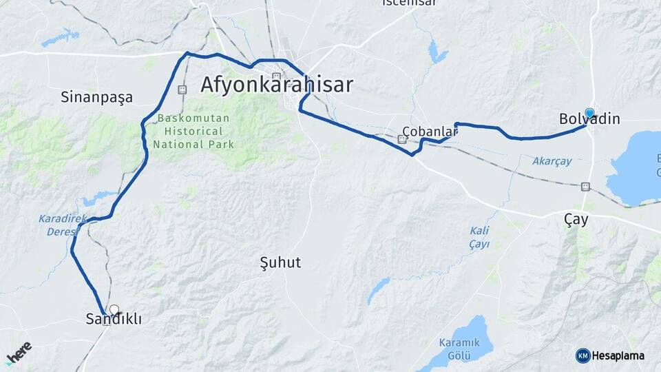Afyonkarahisar Bolvadin Sandıklı Arası Kaç Km - Yol Haritası