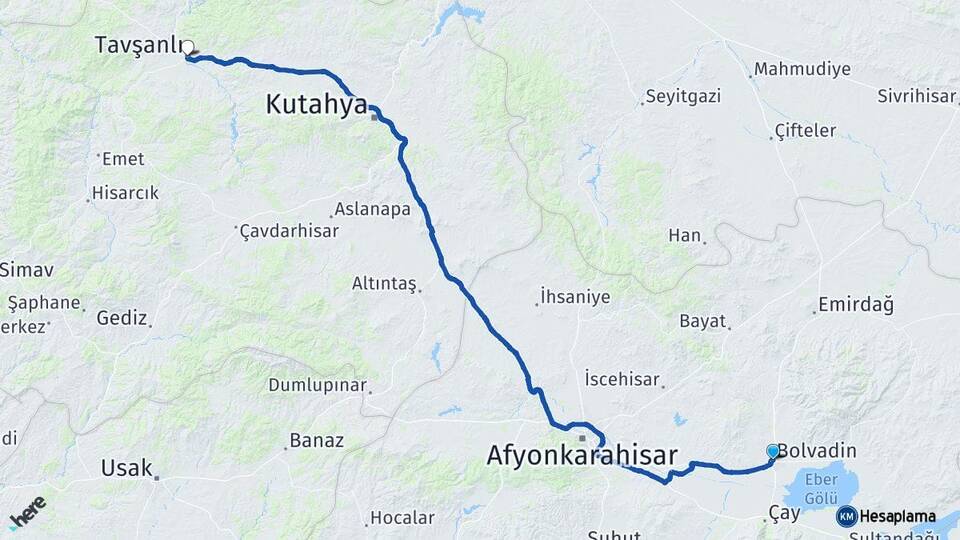 Afyonkarahisar Bolvadin Tavşanlı Kütahya Arası Kaç Km - Yol Haritası