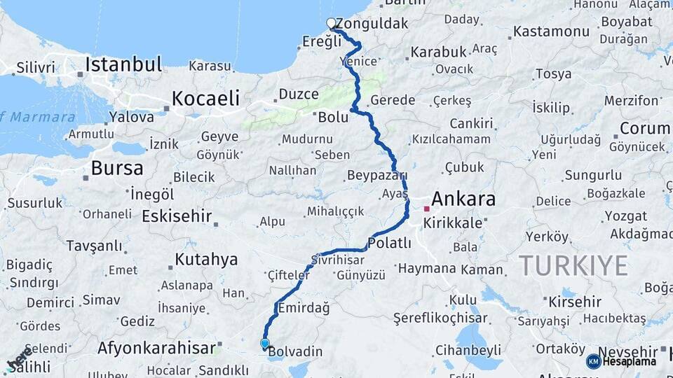 Afyonkarahisar Bolvadin Zonguldak Arası Kaç Km - Yol Haritası