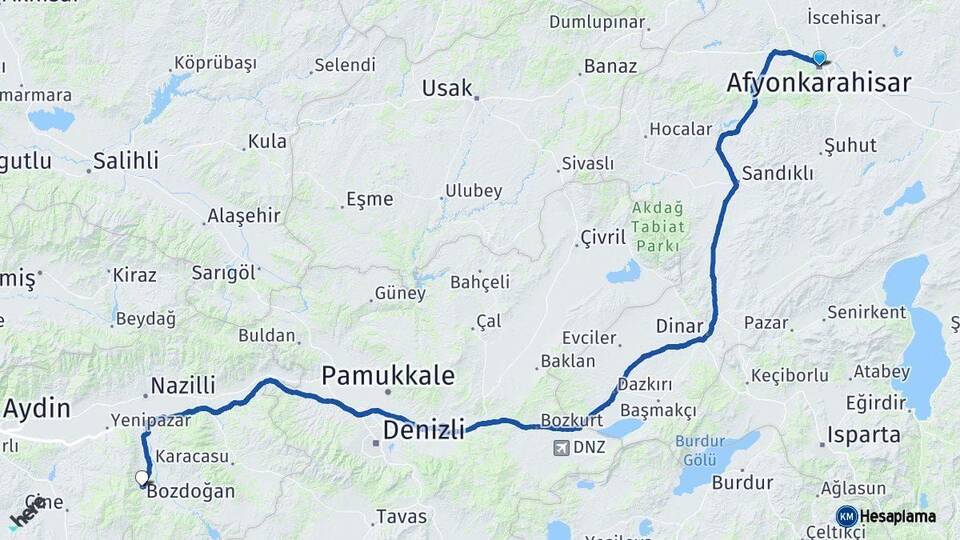 Afyonkarahisar Bozdoğan Aydın Arası Kaç Km - Yol Haritası
