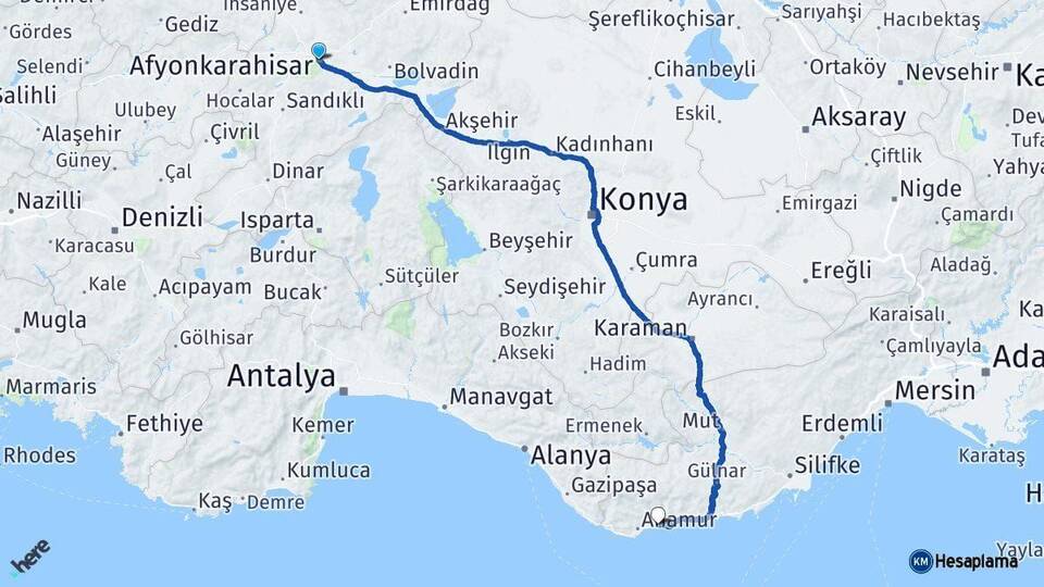 Afyonkarahisar Bozyazı Mersin Arası Kaç Km - Yol Haritası