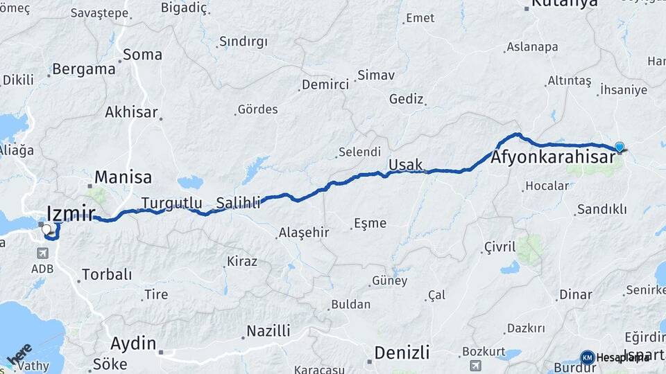 Afyonkarahisar Buca İzmir Arası Kaç Km - Yol Haritası