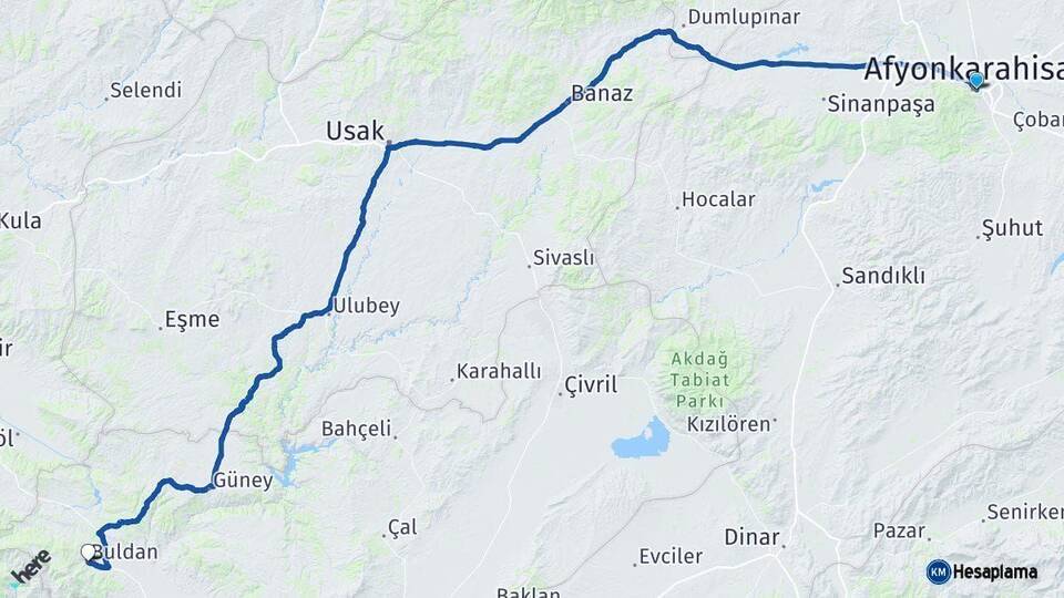 Afyonkarahisar Buldan Denizli Arası Kaç Km - Yol Haritası