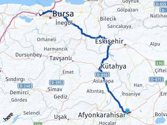 Afyonkarahisar Bursa Uludağ Üniversitesi Arası Kaç Km - Yol Haritası