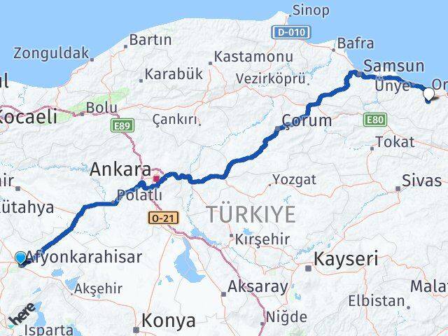Afyonkarahisar Çamaş Ordu Arası Kaç Km - Yol Haritası